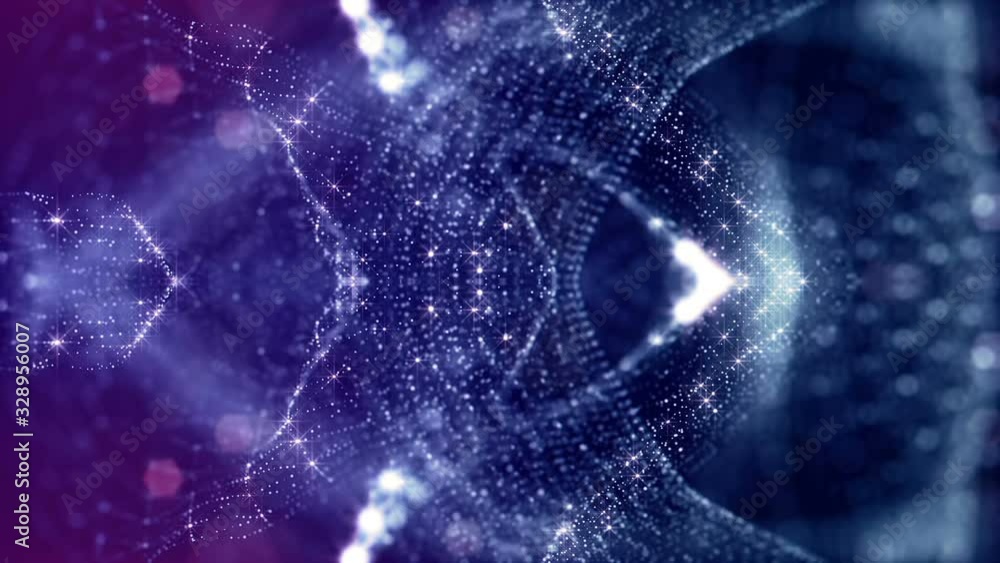 Poster looped blue animated abstract sci-fi background with wavy glow particles like micro world, cosmic sp