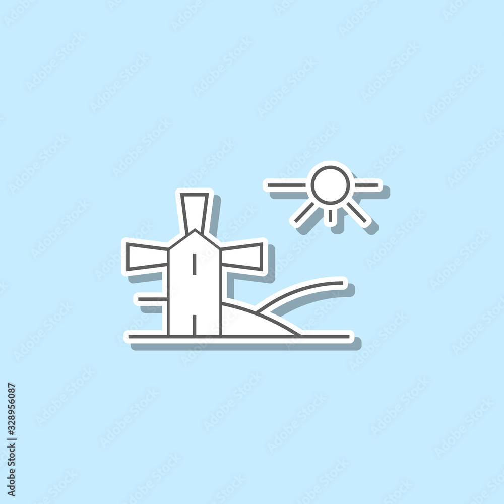 Poster landscape with a mill sticker icon. simple thin line, outline vector of web icons for ui and ux, web
