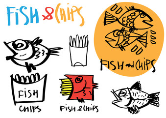 Set of graffiti like hand made calligraphy logo and stickers for FISH and CHIPS points. Sketches and free line. Templates for menu, merchandise, cafe and restaurant decorations.