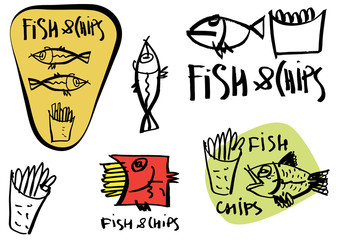 Set of graffiti like hand made calligraphy logo and stickers for FISH and CHIPS points. Sketches and free line. Templates for menu, merchandise, cafe and restaurant decorations.