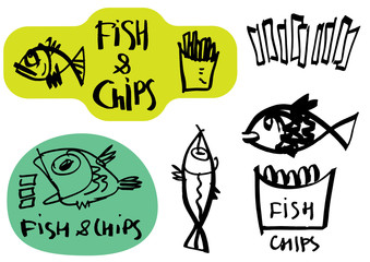 Set of graffiti like hand made calligraphy logo and stickers for FISH and CHIPS points. Sketches and free line. Templates for menu, merchandise, cafe and restaurant decorations.