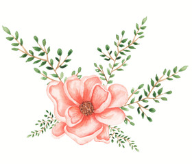 Watercolor boho floral bouquet illustration set. Peony, greenery, leaves, feathers, Wedding bohemian flowers clipart. Foliage modern cliparts.