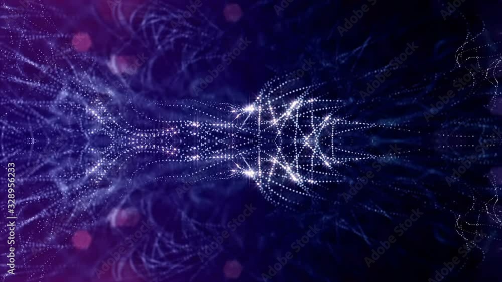 Poster looped blue animated abstract sci-fi background with wavy glow particles like micro world, cosmic sp
