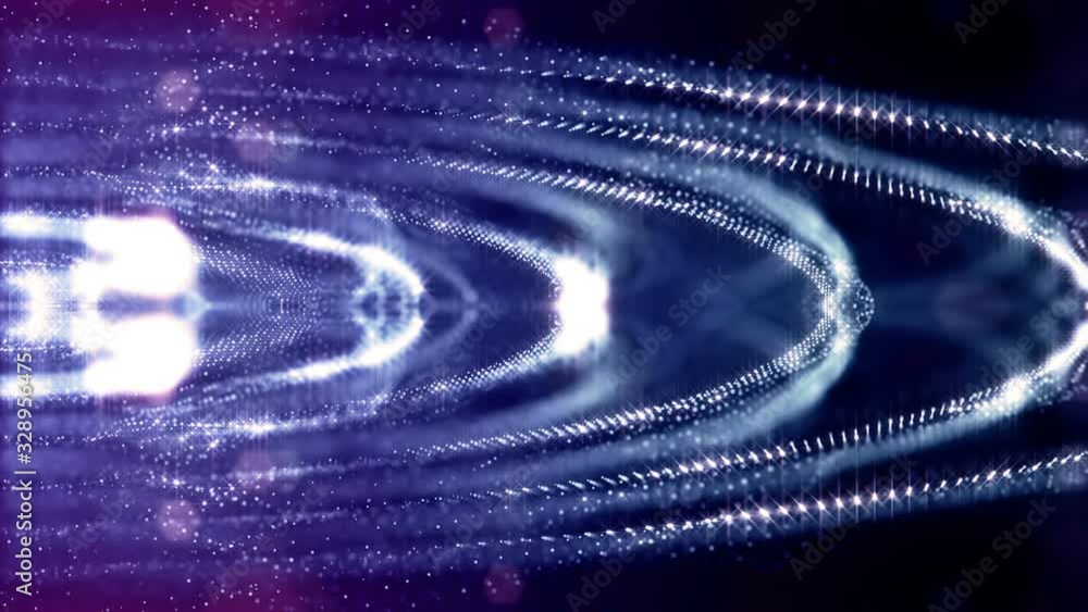 Poster looped blue animated abstract sci-fi background with wavy glow particles like micro world, cosmic sp