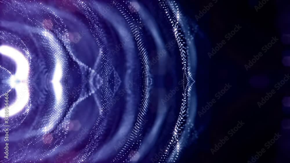 Poster looped blue animated abstract sci-fi background with wavy glow particles like micro world, cosmic sp