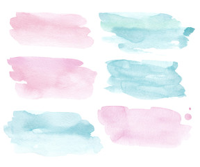 Watercolor abstract hand drawn background paint splash brush, pink and blue pastel colors texture