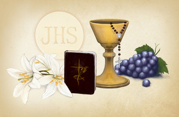kielich JHS komunia rosary - obrazy, fototapety, plakaty