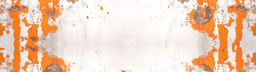 Rusty abstract white orange painted scratched peeled exfoliated metal texture background banner, with space for text