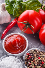 Fresh natural tomato ketchup on stone background