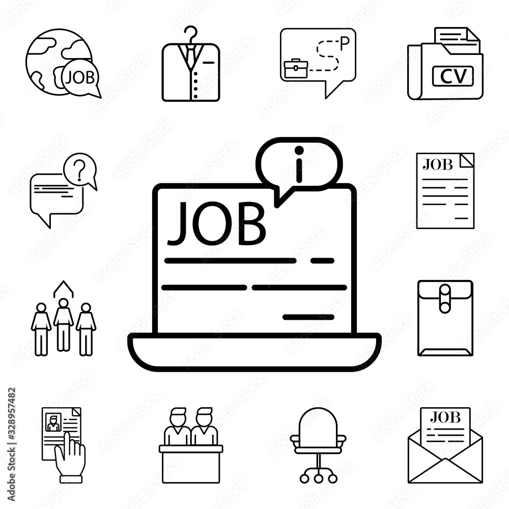 Poster information about working in a laptop icon. detailed set of interview icons. premium quality graphic