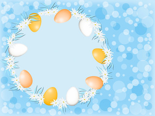 Set of Easter eggs with floral decorative patterns, on blue background with ornate elements. Lettering Happy Easter, illustration.