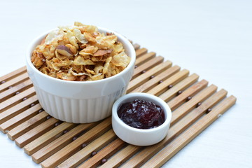 soja, coconut, peanuts, honey, flakes, granola, delicious, oat, vegan, ingredient, seed, cereal, sweet, nutrition, snack, natural, organic, healthy, grain, food, muesli
