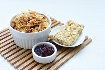 soja, coconut, peanuts, honey, flakes, granola, delicious, oat, vegan, ingredient, seed, cereal, sweet, nutrition, snack, natural, organic, healthy, grain, food, muesli