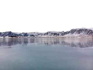Frozen lake in Iceland with reflection of beautiful mountains - Isolated on white
