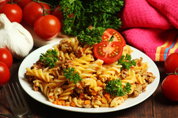 Fusilli pasta with meat and vegetables