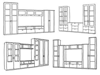 Vector set of modern furniture objects - cupboards, drawn wiht black pen.