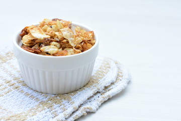 soja, coconut, peanuts, honey, flakes, granola, delicious, oat, vegan, ingredient, seed, cereal, sweet, nutrition, snack, natural, organic, healthy, grain, food, muesli