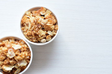 soja, coconut, peanuts, honey, flakes, granola, delicious, oat, vegan, ingredient, seed, cereal, sweet, nutrition, snack, natural, organic, healthy, grain, food, muesli
