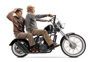 Senior men on a custom chopper motorcycle