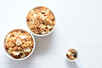 soja, coconut, peanuts, honey, flakes, granola, delicious, oat, vegan, ingredient, seed, cereal, sweet, nutrition, snack, natural, organic, healthy, grain, food, muesli