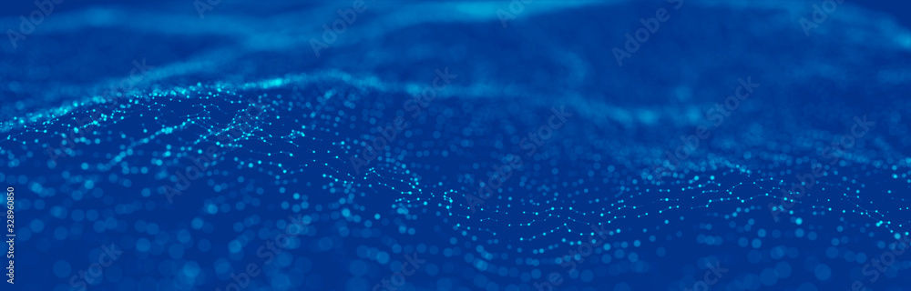 Poster wave 3d. wave of particles. abstract blue geometric background. big data visualization. data technol