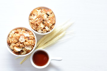 soja, coconut, peanuts, honey, flakes, granola, delicious, oat, vegan, ingredient, seed, cereal, sweet, nutrition, snack, natural, organic, healthy, grain, food, muesli