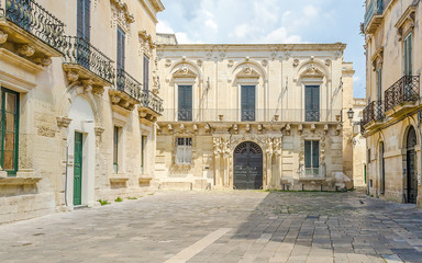 Small baroque square in central Lecce, Salento, Italy