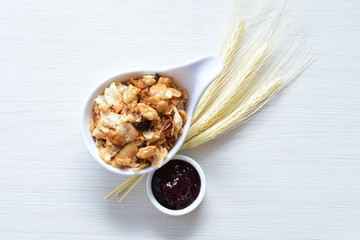 soja, coconut, peanuts, honey, flakes, granola, delicious, oat, vegan, ingredient, seed, cereal, sweet, nutrition, snack, natural, organic, healthy, grain, food, muesli