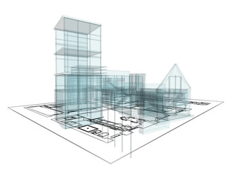 Mega city, wireframe technique, original 3d rendering