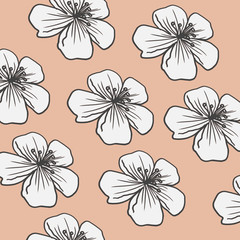 Cherry blossom peach pattern blooming spring flowers floral botanical background illustration for card design