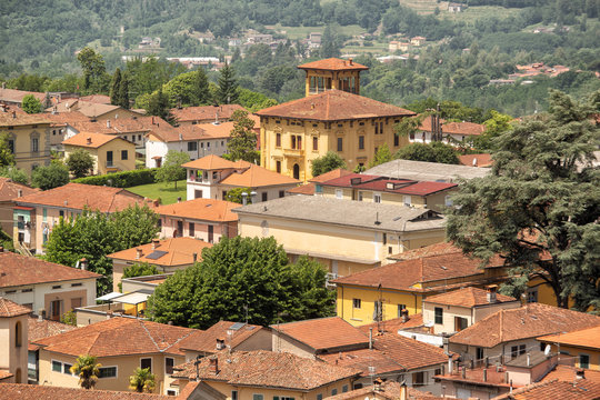 Elevated view over terracotta tile roofs