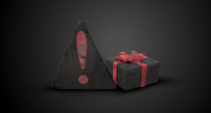 warning symbol dark red and gift 3d-illustration
