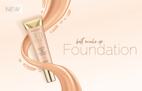 Foundation makeup, advertising design template for catalog with concealer, BB cream packaging tube mock up with liquid foundation in the background vector illustration.