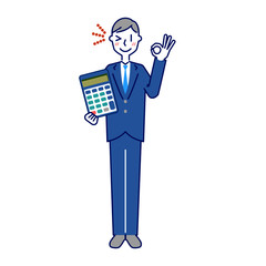 電卓を持ってOKする男性