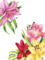Bouquet of watercolor lily, red, pink, yellow, orange lilly flowers on an isolated white background, watercolor flower, stock illustration. Card, postcard, greeting, invitation.
