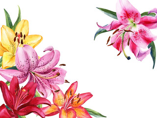 Bouquet of watercolor lily, red, pink, yellow, orange lilly flowers on an isolated white background, watercolor flower, stock illustration. Card, postcard, greeting, invitation.