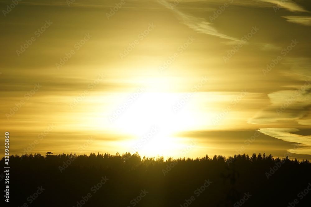 Wall mural abstract looking sunset, nearly as a flame, behind forest.