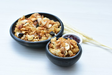peanuts, soya, coconut, honey, flakes, granola, seeds, nutrition, nuts, grain, vegetarian, oatmeal, fruit, sweet, meal, snack, organic, food, cereal, healthy, breakfast