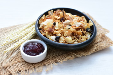 peanuts, soya, coconut, honey, flakes, granola, seeds, nutrition, nuts, grain, vegetarian, oatmeal, fruit, sweet, meal, snack, organic, food, cereal, healthy, breakfast