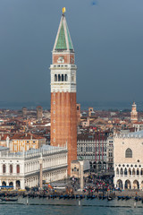 Campanile of Basilica San Marco during rainy weather, view from San Giorgio Maggiore, Venice/Italy
