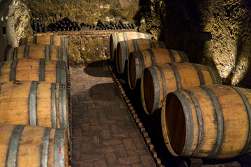 wine barrels in cellar