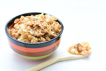 peanuts, soya, coconut, honey, flakes, granola, seeds, nutrition, nuts, grain, vegetarian, oatmeal, fruit, sweet, meal, snack, organic, food, cereal, healthy, breakfast