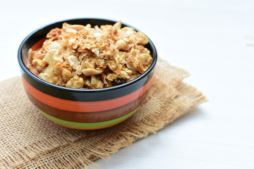 peanuts, soya, coconut, honey, flakes, granola, seeds, nutrition, nuts, grain, vegetarian, oatmeal, fruit, sweet, meal, snack, organic, food, cereal, healthy, breakfast