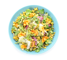 Bowl with tasty salad on white background