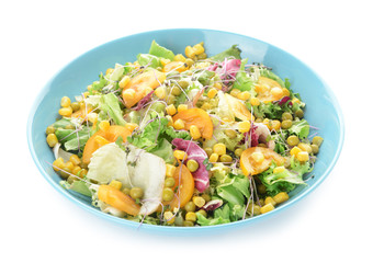 Bowl with tasty salad on white background