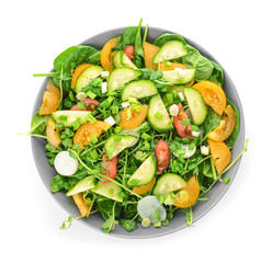 Bowl with tasty salad on white background