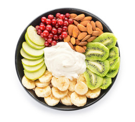 Bowl with tasty salad on white background