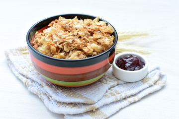 peanuts, soya, coconut, honey, flakes, granola, seeds, nutrition, nuts, grain, vegetarian, oatmeal, fruit, sweet, meal, snack, organic, food, cereal, healthy, breakfast
