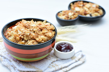 peanuts, soya, coconut, honey, flakes, granola, seeds, nutrition, nuts, grain, vegetarian, oatmeal, fruit, sweet, meal, snack, organic, food, cereal, healthy, breakfast