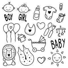 baby hand drawn, kids doodle set